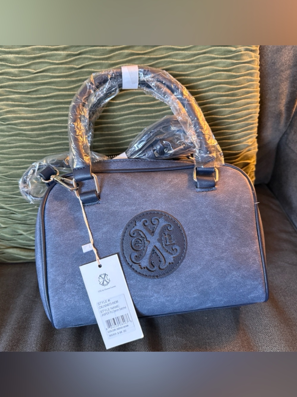 Christian Lacroix. Women's Slate Blue Satchel Handbag with Embossed Medallion